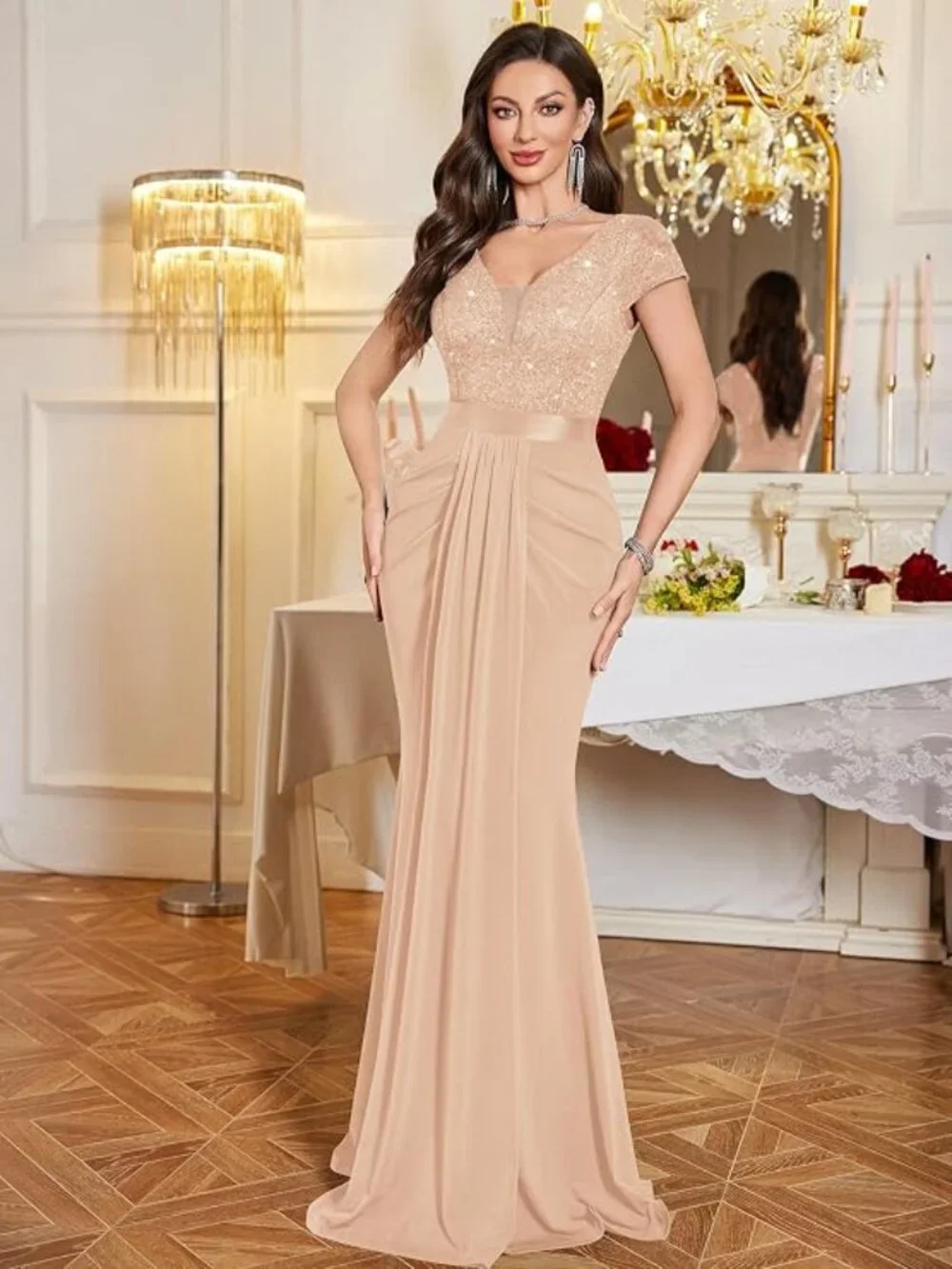 Women's Deep V-Neck Lace Sequin Pleated Evening Formal Dress CHAMPAGNE - Picture 1 of 5